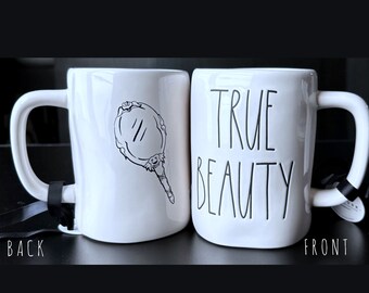 Rae Dunn "TRUE BEAUTY" Ceramic Coffee Mug Two Sided Hand Mirror On Back Princess Collection, Fairytales, Storybooks, Magic, Christmas Gift