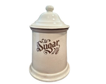 Pfaltzgraff Village Sugar Canister, With Lid VINTAGE 1970’s Ceramic Tan w/ Painted "Sugar" in Brown