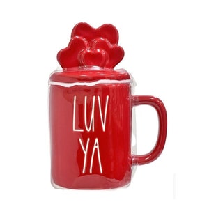 Rae Dunn &quot;Luv Ya&quot; Red Coffee Mug With Red Hearts On A Red Topper