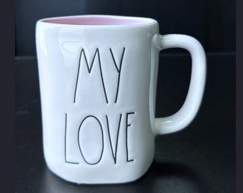 Rae Dunn "MY LOVE" White Ceramic Coffee Mug Pink Inside Valentine Wedding Gift