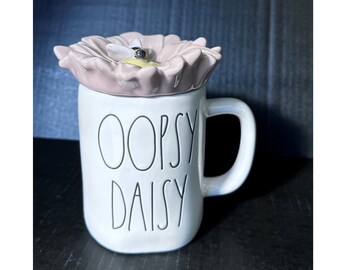 Rae Dunn "OOPSY DAISY" White Ceramic Coffee Mug w/ Pink Daisy Topper