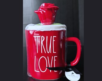 Rae Dunn "TRUE LOVE" Red Ceramic Coffee Mug with Ceramic Rose on Ceramic Topper