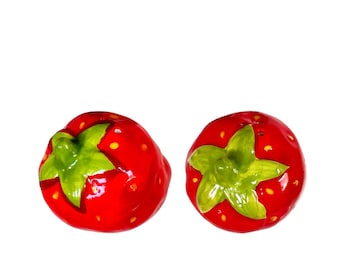 Salt & Pepper Shakers Red Ceramic Strawberry w/Green Leaf