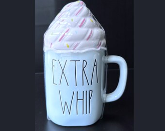 Rae Dunn "EXTRA WHIP" Ceramic Coffee Mug - Blue Mug With Whipped Cream & Sprinkles Sealed Lid Topper