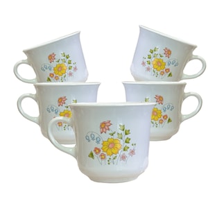 Corelle Corning Ware Spring Meadow Floral Coffee Mugs / Tea Cups Vintage Set/5