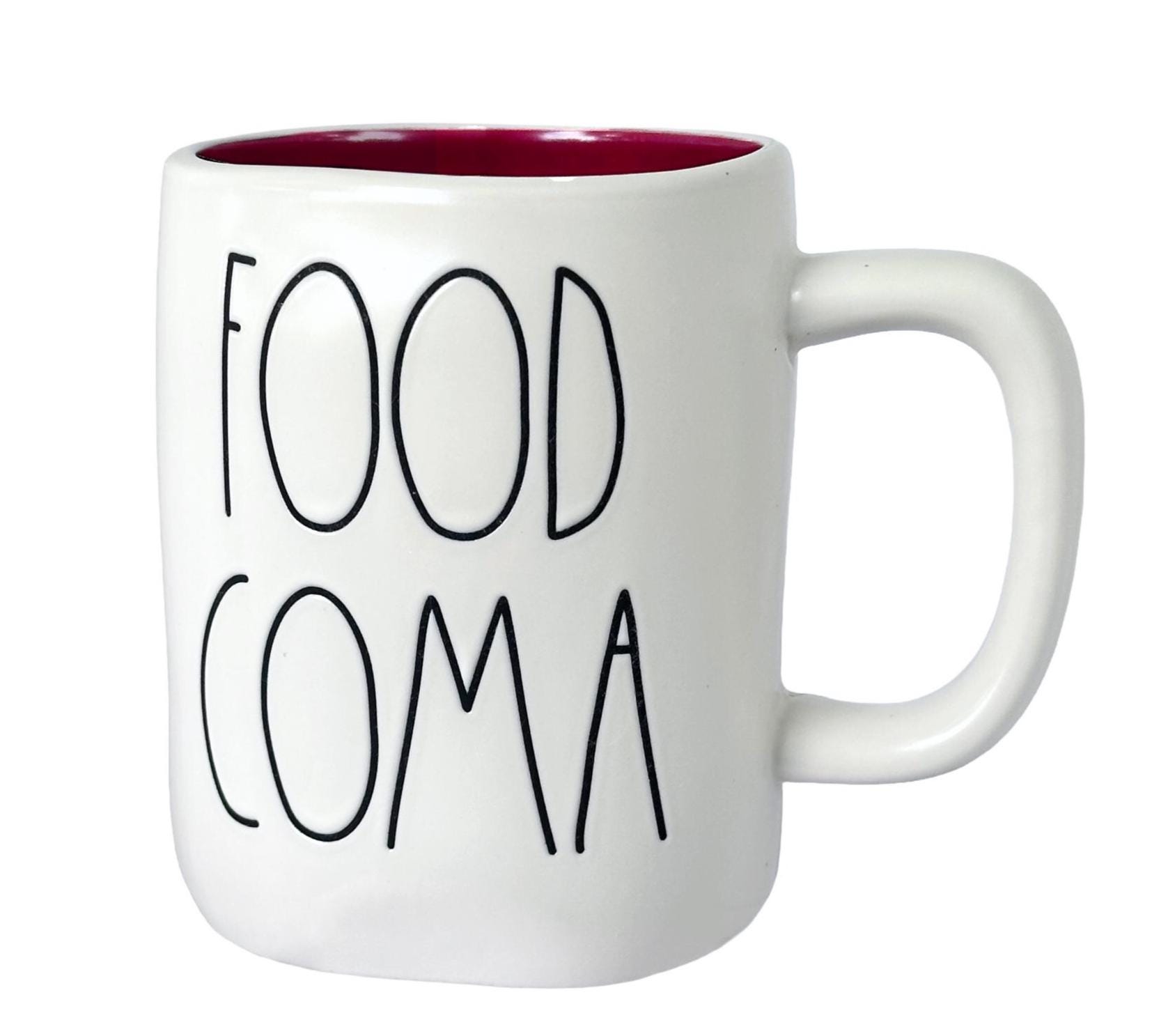 Rae Dunn "Food Coma" Ceramic Coffee Mug Burgandy Inside