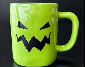 Rae Dunn "PUMPKIN FACE Cut Out" Green Coffee Mug With Black Cut-Outs Option To Add Swarovski Crystal HALLOWEEN