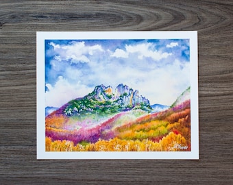 Seneca Rocks Autumn Fog | Watercolor Print | WV Landscape Print