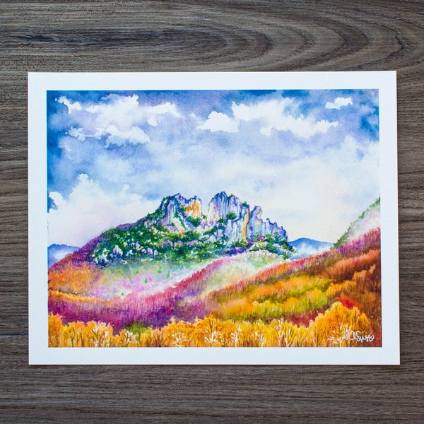 Seneca Rocks Autumn Fog | Watercolor Print | WV Landscape Print