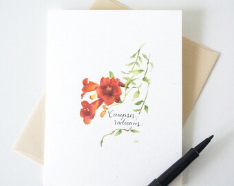 Trumpet Vine Blossom Blank Notecard | Botanical Watercolor A2 Card | Wildflower Stationery