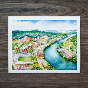 Luchtfoto van het oude Morgantown | Aquarelafdruk | WV landschapsafdruk