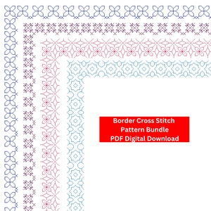 Puede incluir: Una descarga digital de un paquete de patrones de punto de cruz con ocho diseños de bordes diferentes. Los bordes son de color azul, rojo y morado. El texto "Border Cross Stitch Pattern Bundle PDF Digital Download" está en rojo.