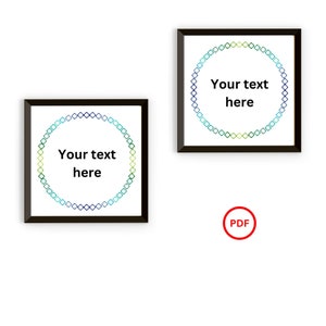 May include: Two framed prints with black borders. Each print features a circle of blue and green chain-like links around a white center with the text "Your text here". A red PDF icon is in the lower right.