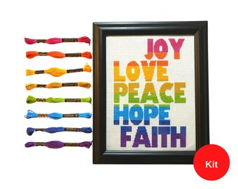 Joy Love Peace Hope Faith Cross Stitch Kit, Inspiration Cross Stitch Kit, Counted Cross Stitch Kit, Christian Cross Stitch