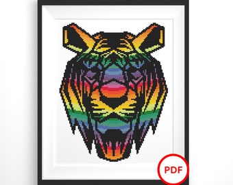 Tiger Rainbow Cross Stitch Pattern, Tiger Geometric Cross Stitch, Rainbow Cross Stitch Pattern, Animal Geometric Rainbow Cross Stitch