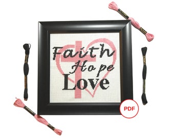 Faith Hope Love Cross Stitch Pattern, Heart Cross Stitch Pattern,  Christian Cross Stitch, Religious Cross Stitch, Bible Cross Stitch