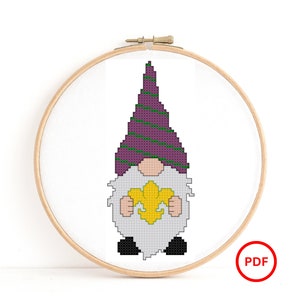 Fleur De Lis Mardi Gras Gnome Cross Stitch Pattern, Mardi Gras Gnome Pattern, Mardi Gras Fleur De Lis, Cross Stitch Elf Pattern