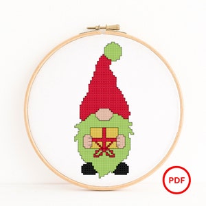 Grinch Santa Gnome Cross Stitch Patroon, Groene Baard Kabouter