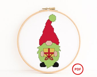 Grinch Santa Gnome Cross Stitch Pattern, Green Beard Gnome
