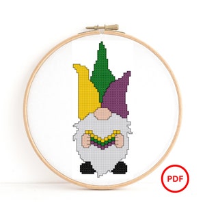 Mardi Gras Beads Gnome Cross Stitch Pattern, Mardi Gras Jester Hat Gnome Pattern, Mardi Gras Gnome Cross Stitch Pattern, Cross Stitch Elf