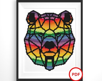 Bear Geometric Rainbow Cross Stitch Pattern, Bear Geometric Cross Stitch, Geometric Rainbow Cross Stitch, Rainbow Cross Stitch Animal