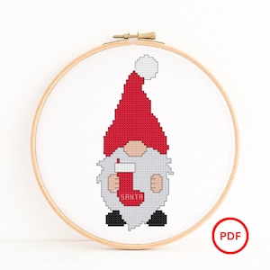 Santa Gnome holding a Stocking Cross Stitch Pattern