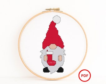 Santa Gnome holding a Stocking Cross Stitch Pattern