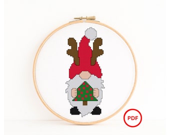 Reindeer Antler Gnome holding a Small Christmas Tree Cross Stitch Pattern