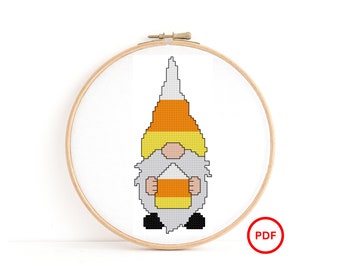 Candy Corn Gnome Cross Stitch Pattern, Halloween Gnome Cross Stitch Pattern