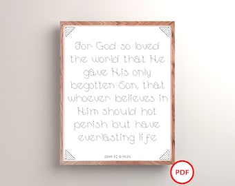 Juan 3:16 Patrón de punto de cruz, Versículo bíblico del Nuevo Testamento, Dios amó tanto al mundo, Patrón de punto de cruz del versículo bíblico, Punto de cruz cristiano