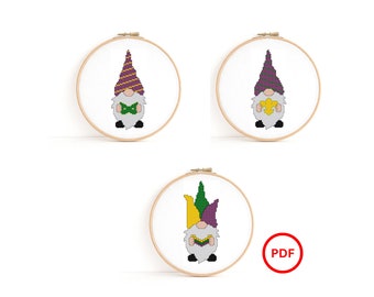 Mardi Gras Gnome Cross Stitch Bundle, Mardi Gras Cross Stitch Pattern, Mardi Gras Jester Hat Gnome, Mardi Gras Mask Gnome, Cross Stitch Elf