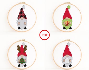 Christmas Gnome Set Cross Stitch Pattern, Buffalo Plaid, Grinch, Green Beard, Christmas Tree, Snowball