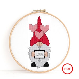 Valentine Gnome Cross Stitch Pattern, Heart Balloon Love Gnome Cross Stitch Pattern, Love Gnome Cross Stitch Pattern, Cross Stitch Elf