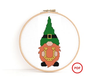 Irish Gnome Cross Stitch Pattern, Horseshoe Gnome Cross Stitch Pattern, St Patrick's Day Gnome Pattern, Cross Stitch Elf Pattern