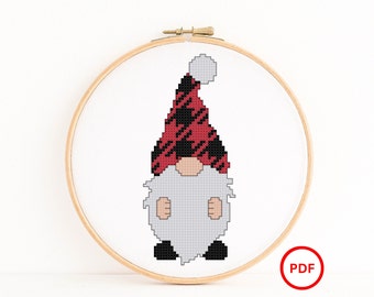 Gnome wearing a Buffalo Plaid Santa Hat Cross Stitch Pattern