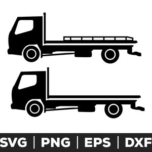 May include: Black silhouette of two flatbed trucks. The trucks have a cab, wheels, and a flat cargo bed. Below the trucks are the words "SVG | PNG | EPS | DXF".