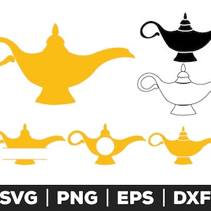 May include: A set of six digital cut files featuring a genie lamp in various styles. The files include a solid yellow lamp, a solid black lamp, a solid white lamp, a yellow lamp with a blank space for text, a yellow lamp with a circle for a monogram, and a yellow lamp with a blank space for text.
