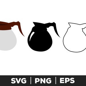 May include: Three coffee pot illustrations. The first is a clear glass pot with a brown lid and handle. The second is a solid black coffee pot. The third is an outline of a coffee pot. The bottom of the image has the text "SVG | PNG | EPS".