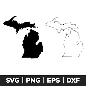 Może przedstawiać: Czarno-biały zarys stanu Michigan. Zarys jest wypełniony kolorem czarnym po lewej stronie obrazu i jest zarysowany po prawej stronie obrazu. Tekst "SVG | PNG | EPS | DXF" znajduje się na dole obrazu.