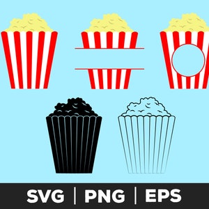 May include: Vector illustrations of popcorn buckets in red and white stripes, with yellow popcorn. Includes a black silhouette and a line drawing of a popcorn bucket. Text at the bottom reads: SVG | PNG | EPS.