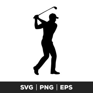 May include: A black silhouette graphic of a golfer wearing a cap, captured in the middle of a golf swing with a club raised above the head. Below the figure, the text SVG | PNG | EPS is displayed in white against a solid black rectangular bar.