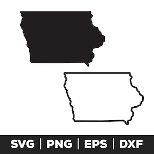 May include: A black and white outline of the state of Iowa. The top image is a solid black silhouette of the state. The bottom image is an outline of the state.