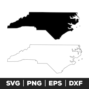 May include: Black and white outline of the state of North Carolina. The outline is shown in both a filled-in and an outline version.