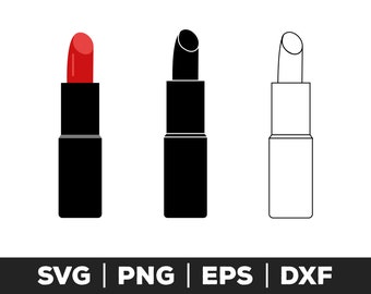 Puede incluir: Tres diseños de lápiz labial: un lápiz labial rojo, un lápiz labial negro y un contorno blanco de un lápiz labial. Todos los lápices labiales están en tubos negros. La parte inferior de la imagen tiene el texto "SVG | PNG | EPS | DXF".