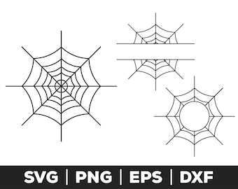 May include: Four black and white outline spider web designs. The first web is a full circle, the second is a half circle, the third is a half circle with a straight line across the bottom, and the fourth is a circle with a hole in the center.