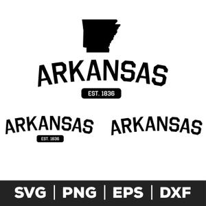 May include: Black and white graphic design featuring the state of Arkansas with the text "ARKANSAS EST. 1836" in a bold, blocky font. The design is repeated twice, once with the state outline and once without. The text "SVG | PNG | EPS | DXF" appears at the bottom of the design.