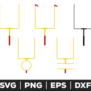 May include: Five different variations of a football goal post. The first three are yellow with red flags, the fourth is yellow with a red ring, and the fifth is yellow with two red bars. The last goal post is black.