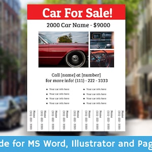 Auto te koop Flyer - bewerkbare WORD-sjabloon, afdrukbaar, Instant Download, DIY, gemakkelijk te gebruiken, bewerkbaar Illustrator-bestand, adverteren te koop