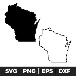 Puede incluir: Esquema en blanco y negro del estado de Wisconsin. El esquema está relleno de negro a la izquierda y es un esquema a la derecha.
