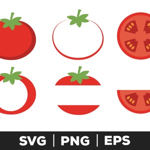 May include: Six illustrations of a tomato in different stages of being sliced. The first image shows a whole red tomato with a green leafy top. The second image shows a red tomato with a green leafy top, but the inside is white. The third image shows a red tomato slice with seeds. The fourth image shows a red tomato with a green leafy top, but the inside is white. The fifth image shows a red tomato with a green leafy top, but the inside is white. The sixth image shows a red tomato slice with seeds.